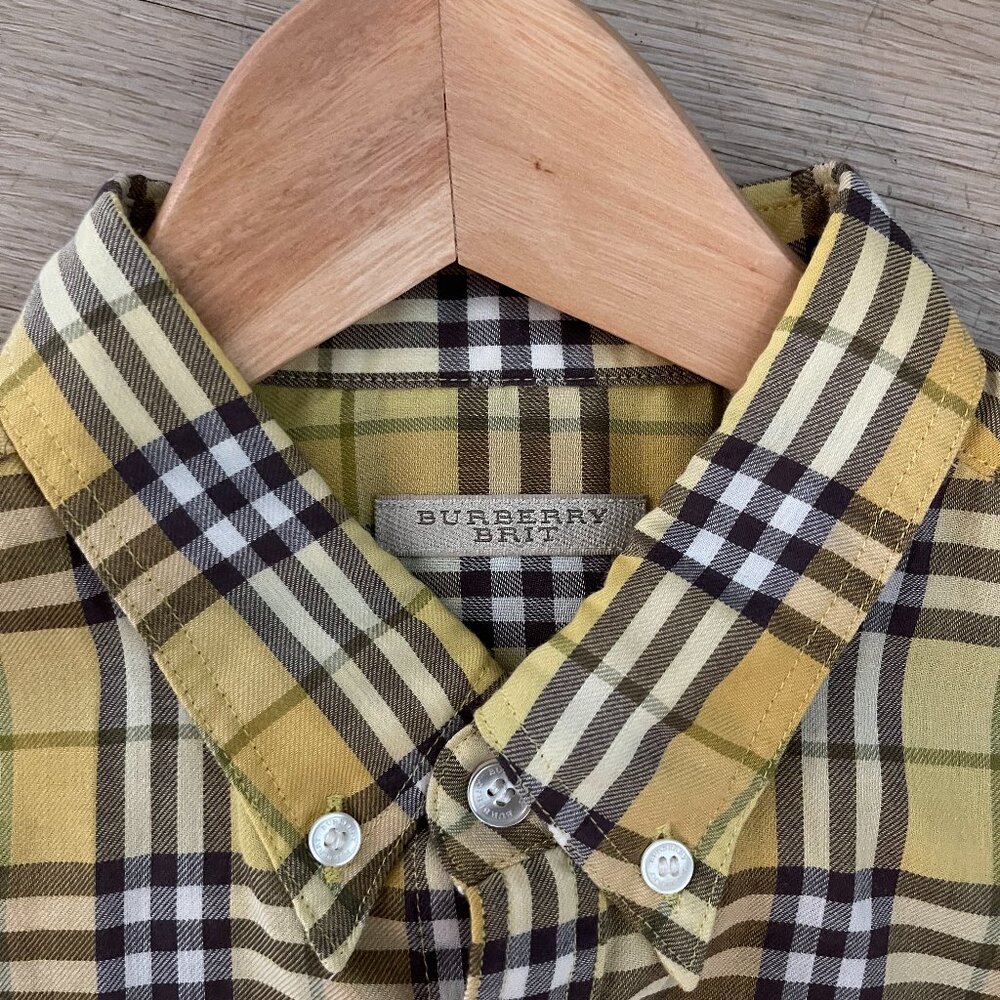 Burberry Brit Short Sleeve Signature Yellow Tartan Plaid Button Down